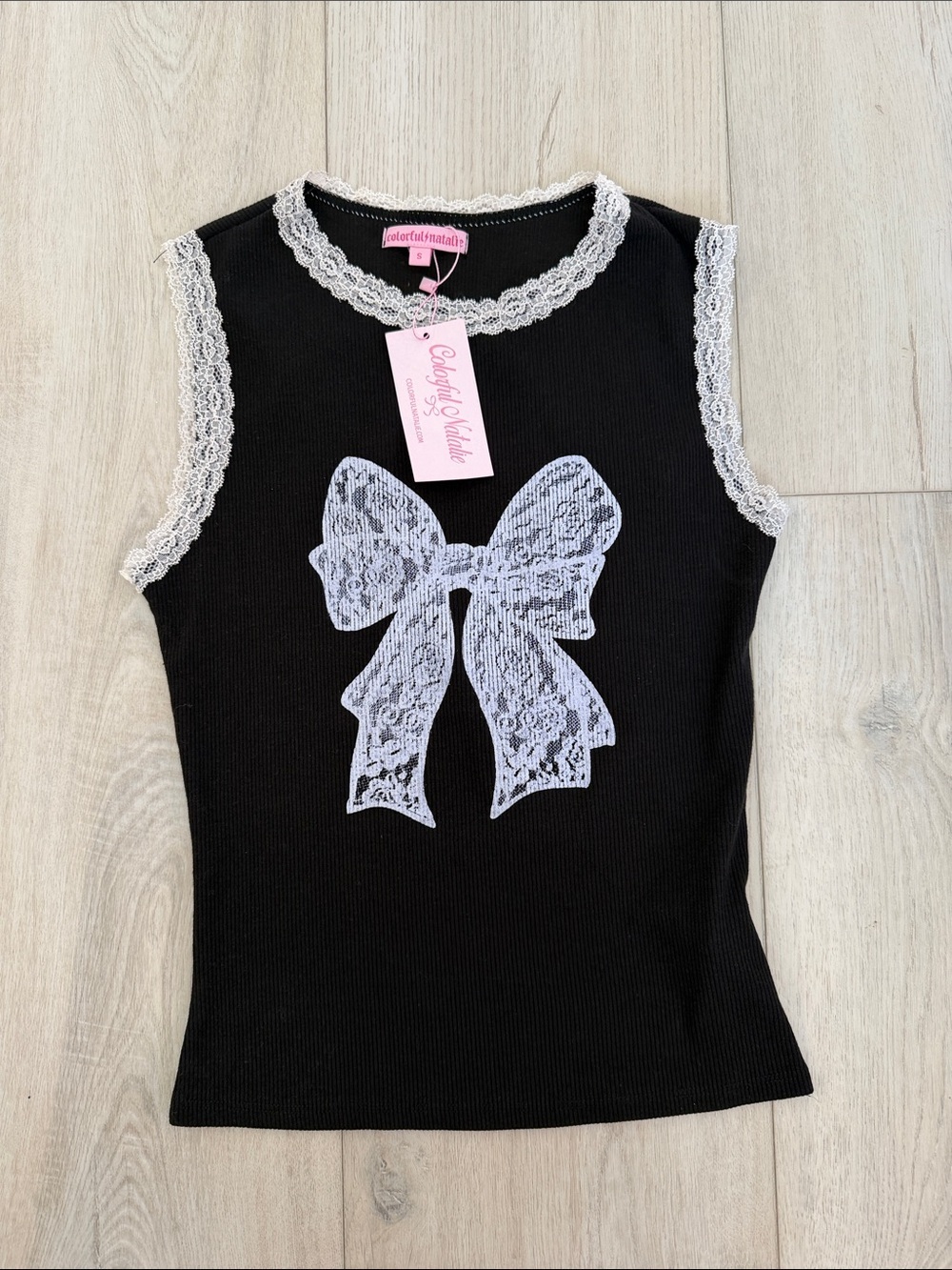 NWT Colorful Natalie Black Lace Bow Ribbed Tank Top Size S Coquette